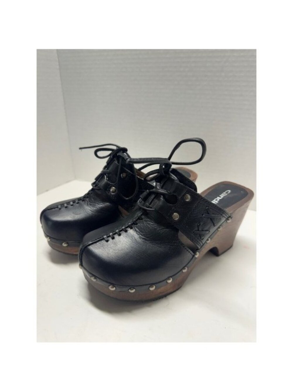 Candies Vintage Black Leather Lace Up Wooden Platform Clogs Mules Size 5M Brazil
